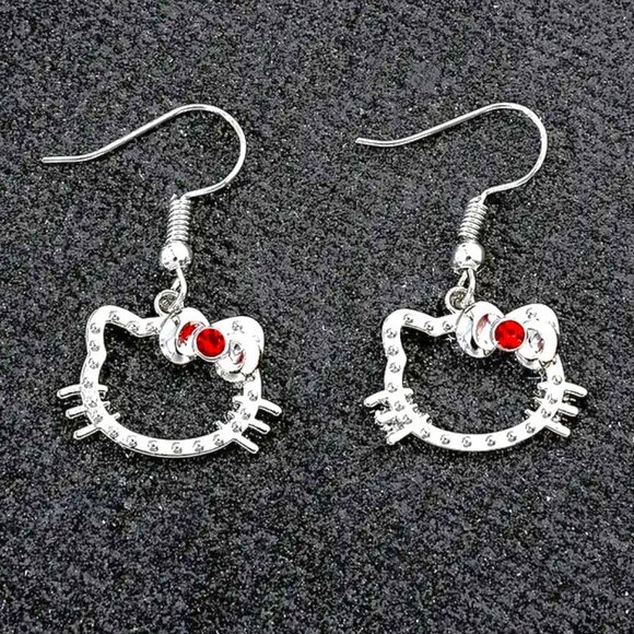Earrings Hello Kitty Rhinestone Sanrio Red Crystal Dangle Silver Emo Scene Rave - Picture 1 of 3